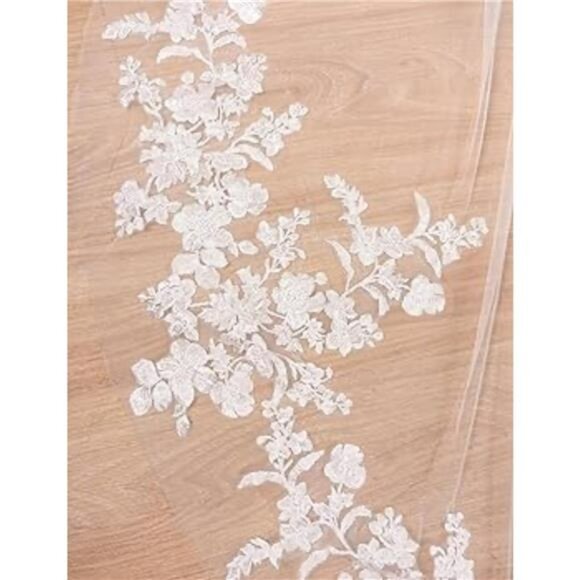 Ivory Cathedral Wedding Bridal Veils Long with Floral Embroidered Edge 1 Tier main image 4
